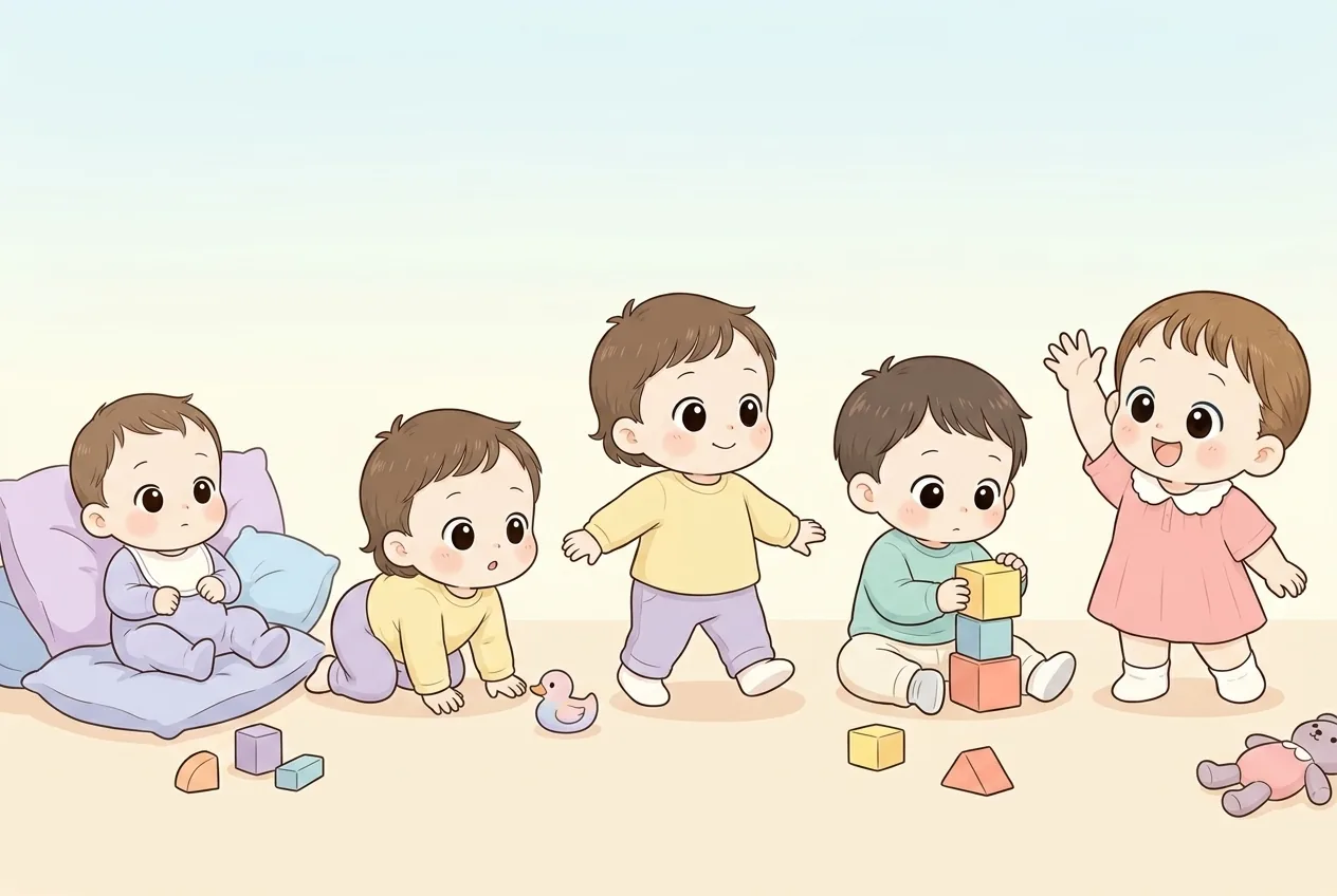 3~36개월 다섯 시기의 아이들이 가로로 늘어선 발달 타임라인